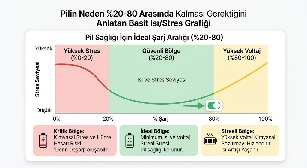 Lityum iyon pil şarj döngüsü ve stres aralıkları grafiği