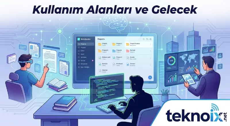 Gelecek_ bölümleri için, farklı kullanıcı senaryolarını ve yapay zekanın _Content 2.0_ vizyonunu gösteren modern bir kompozisyon.teknoix.net