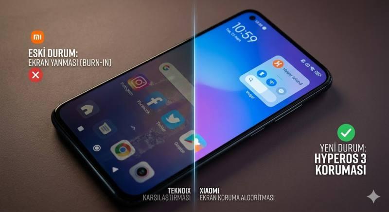 Xiaomi akıllı telefonlarda ekran yanması sorunu ve HyperOS 3 yazılımsal çözüm karşılaştırması.